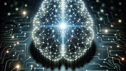 Glowing abstract brain icon with interconnected data streams, symbolizing advanced AI in financial planning and analysis.