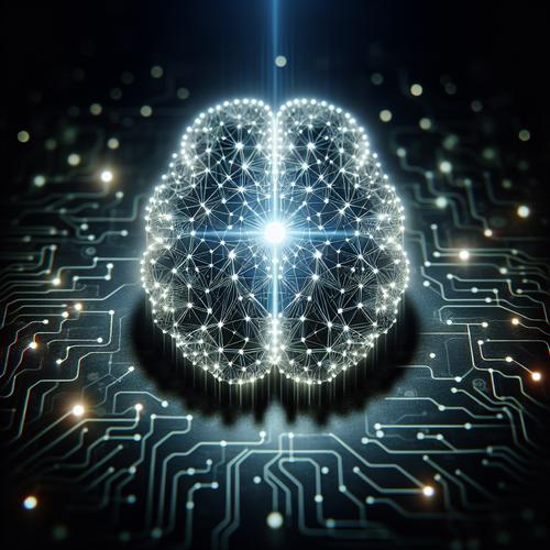 Glowing abstract brain icon with interconnected data streams, symbolizing advanced AI in financial planning and analysis.
