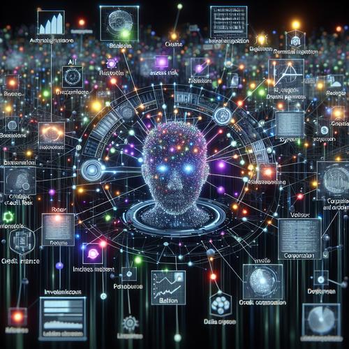 Futuristic network graph visualizing AI analyzing complex corporate financial data for credit risk assessment.