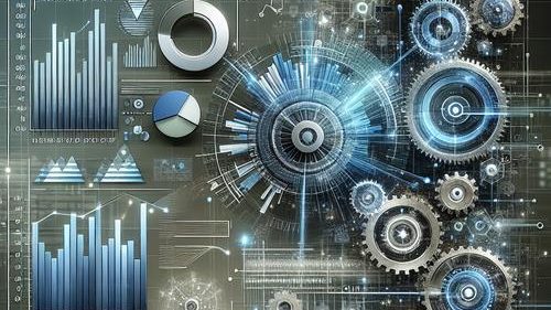Abstract image of a futuristic digital interface displaying compliance checks and financial data, with AI-powered gears turning in the background.