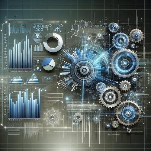 Abstract image of a futuristic digital interface displaying compliance checks and financial data, with AI-powered gears turning in the background.