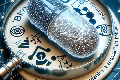 Conceptual image of interconnected AI data points forming a pharmaceutical capsule, with a magnifying glass highlighting specific ethical and regulatory symbols.