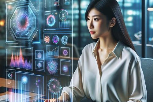 Accountant collaborating with an AI interface, showcasing the future of accounting technology.
