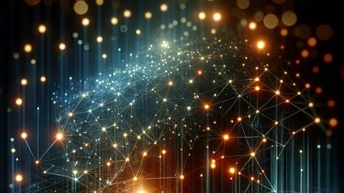 Stylized network graph with glowing nodes representing AI processing financial data for future accounting insights.