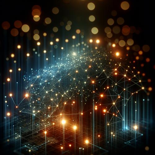 Stylized network graph with glowing nodes representing AI processing financial data for future accounting insights.
