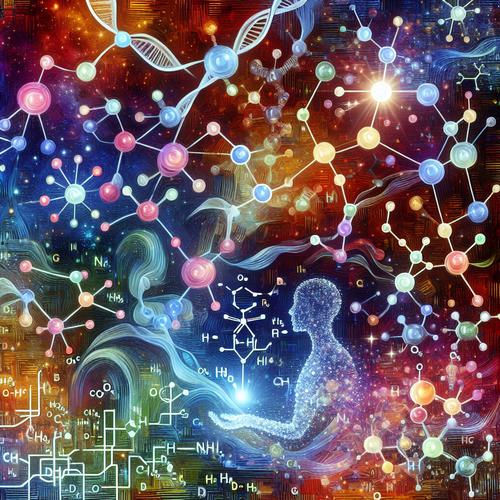 Abstract illustration of AI models analyzing complex biological pathways and molecular structures for drug discovery.